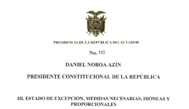 Ecuadorian presidential decree No. 110, signed by Daniel Noboa Azín, declaring a state of exception.