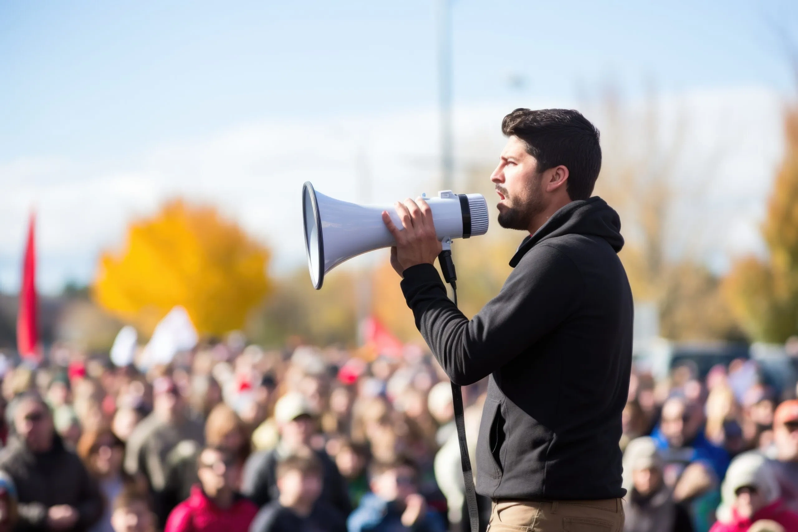 Man with megaphone addresses a crowd outdoors, possibly related to NFP self-review.