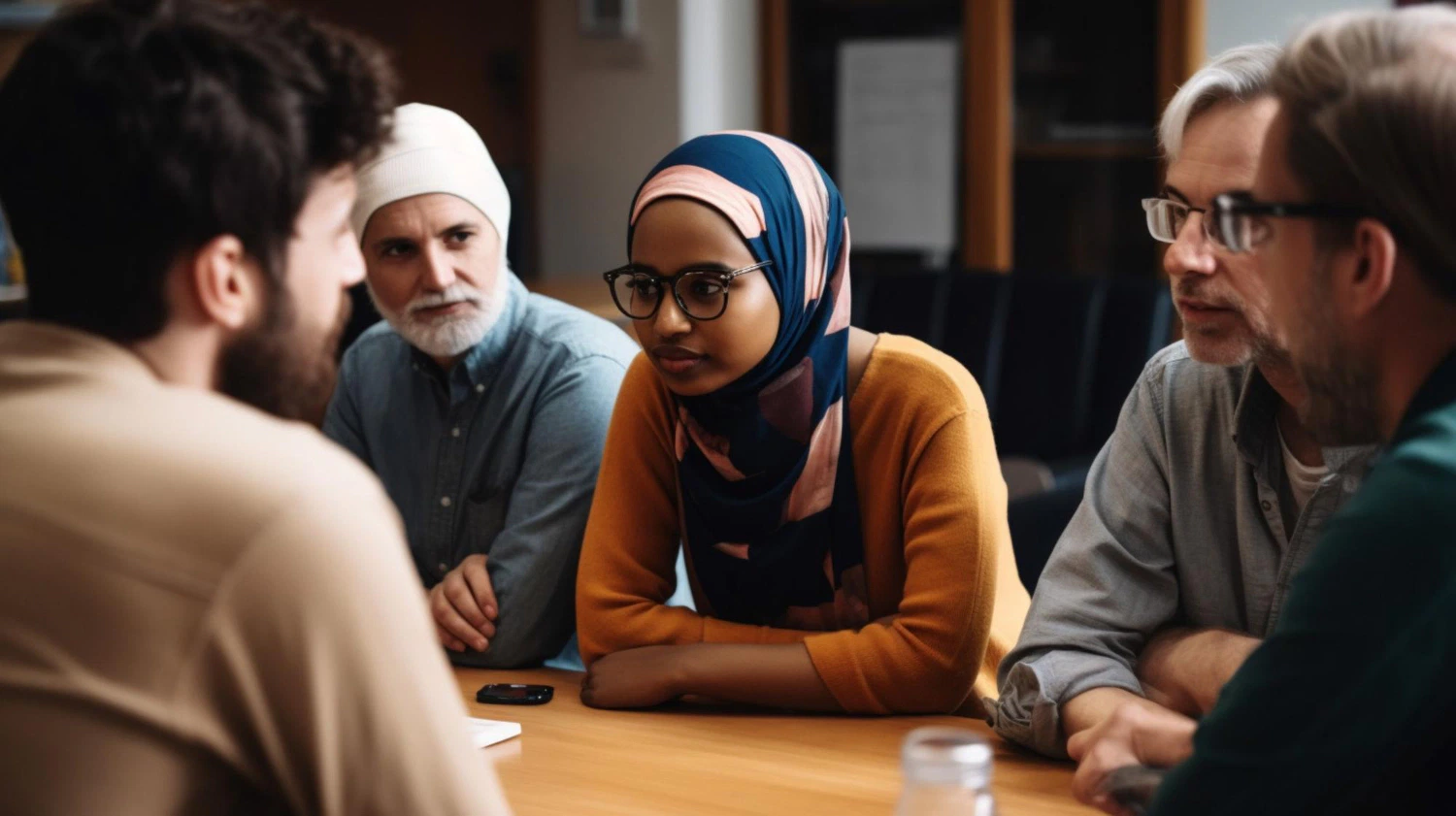 Diverse group in meeting, including a woman in hijab, discussing Islamic Waqf Endowment in NSW.