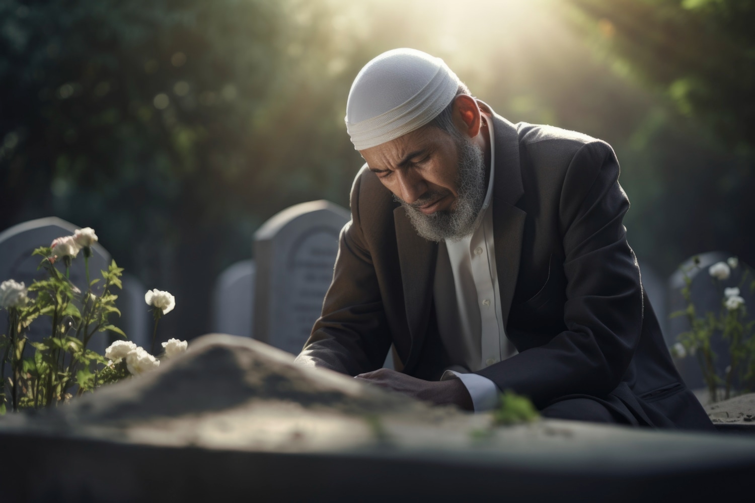 Mourning Muslim man at graveside, wearing kufi. Loss and grief concept for accessing wills in NSW.