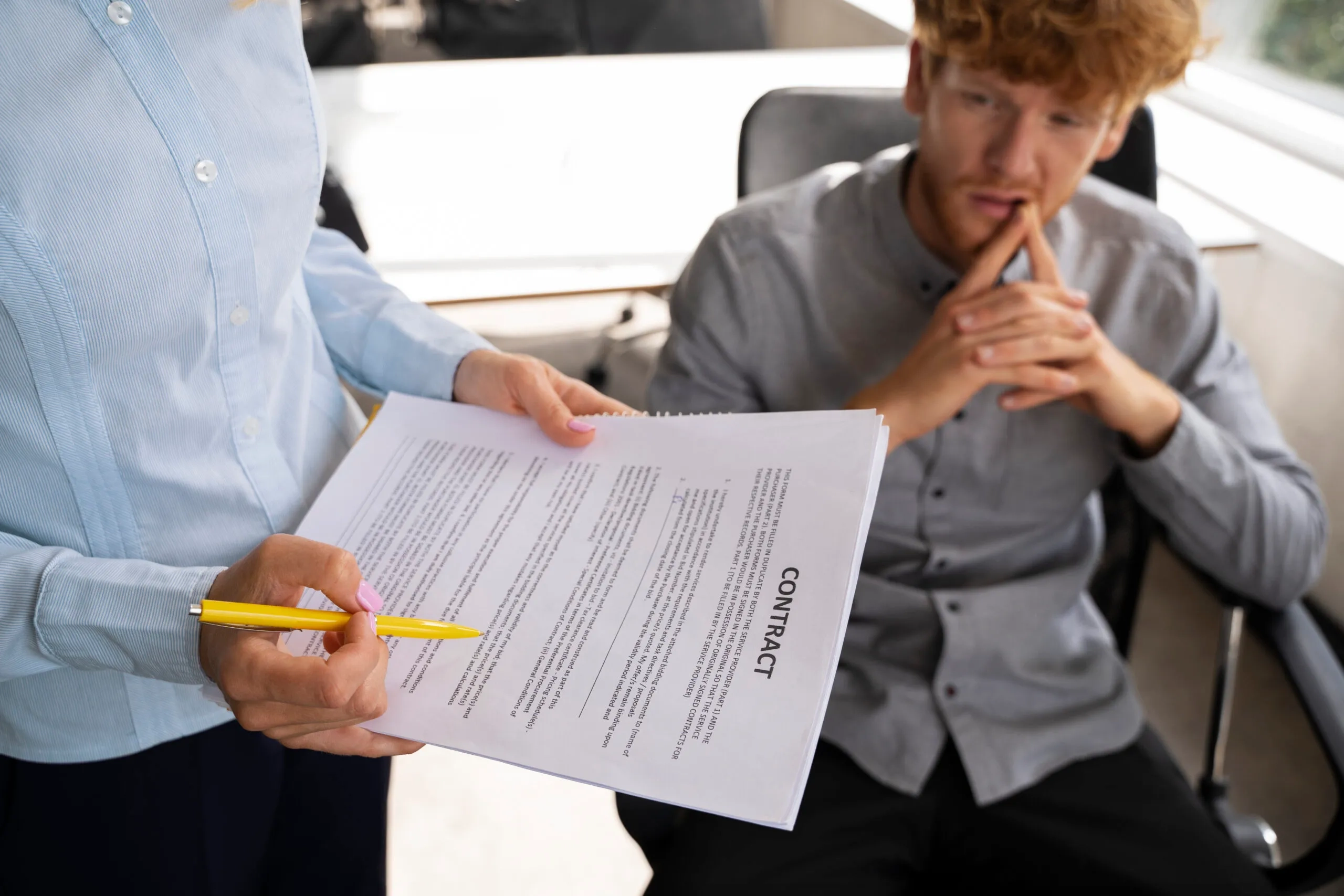 Man reviewing a contract with a woman pointing to the document. Text: CONTRACT.