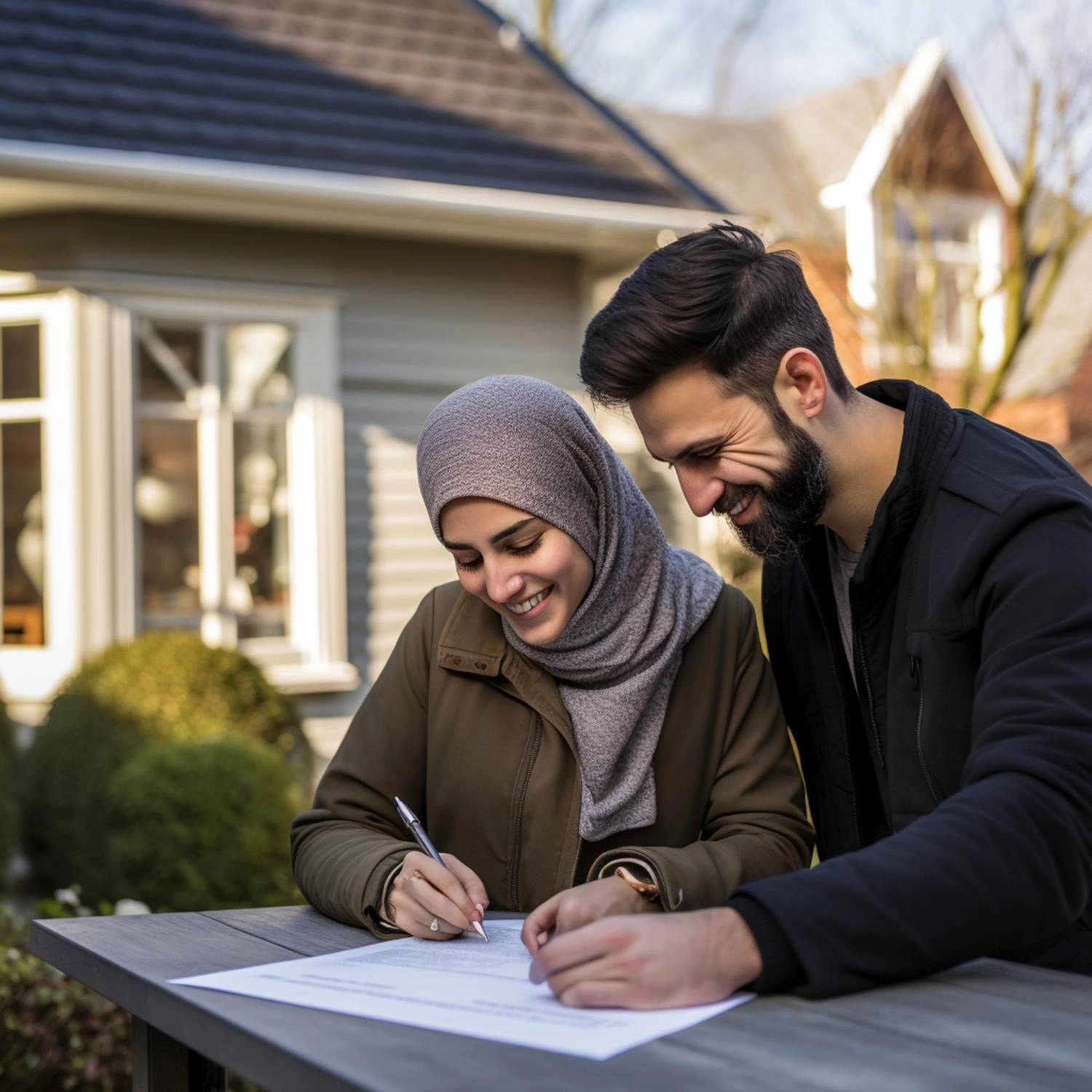 Couple signs divorce papers outside their home. Islamic Sharia divorce and family law.